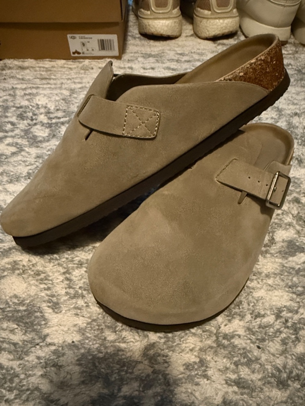 Slip-On Suede Mule in Taupe with Buckle
